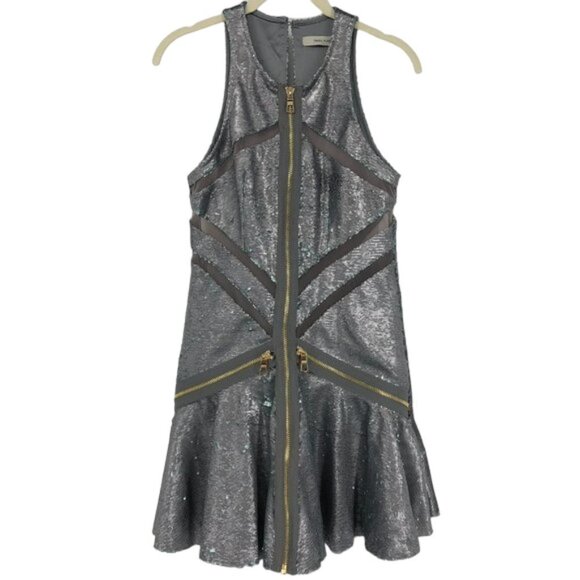 Three Floor Shine On Sequin Dress in Silver Mint Zippers + Mesh Cutouts size 6 - Picture 3 of 16